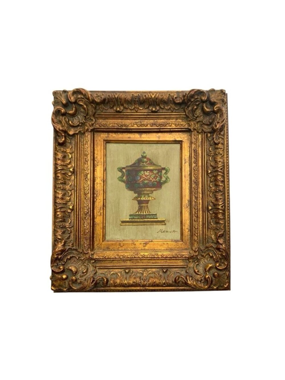 Painting Classic Urn Oil on Canvas Lidded Vase Signed Medina Vintage Rococo Art